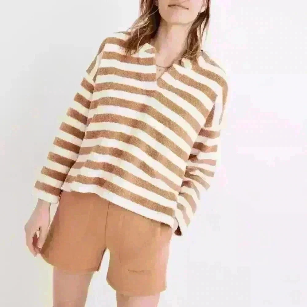Madewell Womens Earrhen Clay Striped MWL Loop Terry Notched Sweatshirt